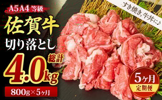 【5回定期便】佐賀牛 贅沢 切り落とし 800g(合計4kg)【すき焼き用牛肉 すき焼き用 すき焼き 牛丼 A5 A4 希少 国産和牛 牛肉 肉 牛】(H085186)佐賀県神埼市66000肉牛肉