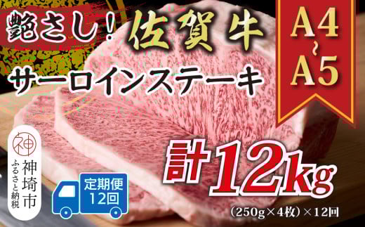 【12か月定期便】艶さし!【A4〜A5】佐賀牛サーロインステーキセット 1kg(250g×4枚)×12回【肉 牛肉 ブランド牛 黒毛和牛 ステーキ肉 ふるさと納税】(H112198)佐賀県神埼市360000肉牛肉