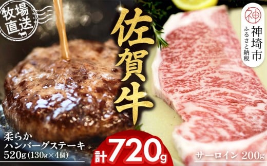 佐賀牛 サーロインステーキ200g×1枚計200g 柔らかハンバーグステーキ130g×4個計520g【佐賀牛 サーロイン ステーキ ハンバーグ 高級部位 赤身肉 霜降り】(H122129)佐賀県神埼市20000肉牛肉