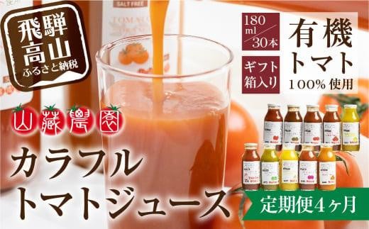 【定期便】飛騨高山で採れた有機栽培トマトを使って作ったトマトジュース(定期便)30本×4回 毎月お届け 4ヶ月 無添加 砂糖・塩・保存料不使用 種類おまかせ 品種色々 熨斗 のし  JC100