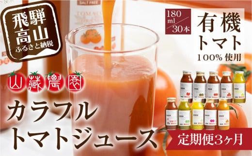 【定期便】飛騨高山で採れた有機栽培トマトを使って作ったトマトジュース(定期便)30本×3回 毎月お届け 3ヶ月 無添加 砂糖・塩・保存料不使用 種類おまかせ 品種色々 熨斗 のし JC102岐阜
