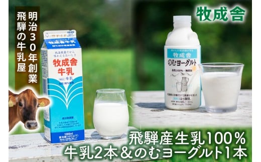 【飛騨産低温殺菌牛乳・飲むヨーグルトセット】牧成舎牛乳1000ml×2本/のむヨーグルト750ml×1本|食品添加物不使用・濃厚・お取り寄せ・子どもにも| (有)牧成舎 DF044岐阜県高山市5000卵・乳