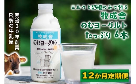 【12か月定期便】牧成舎のむヨーグルト 750ml×6本セット 飛騨産生乳使用|乳製品 毎日習慣 素材 自然の恵み 乳飲料 (有)牧成舎 DF251岐阜県高山市120000卵・乳製品牛乳・乳飲料