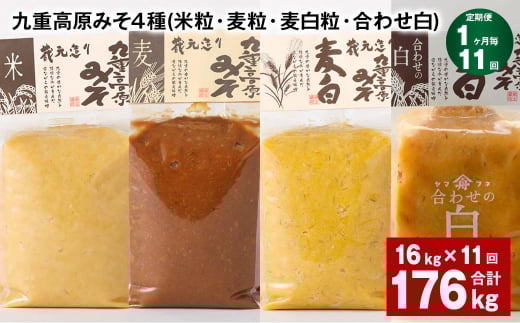 【1ヶ月毎11回定期便】 九重高原みそ 4種 (米粒・麦粒・麦白粒・合わせ白) 計176kg(16kg?11回) 味噌 みそ大分県九重町600000調味料・油味噌