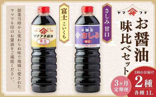 【3ヶ月定期便】お醤油2種味比べセット 各1Lx2 / 計2Lx3回 濃口醤油 富士 さしみ甘口 セット おさしみ醤油 刺し身醤油 料理 しょうゆ 醤油 調味料 濃い口 大分県 九重町大分県九重町28000調味