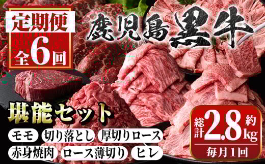 D01011 <定期便・全6回(連続)>鹿児島黒牛定期便・堪能セット(全6種・合計2.8kg) 黒毛和牛 鹿児島黒牛 モモ ロース 赤身 薄切り ヒレステーキ 切り落とし 焼肉 食べ比べ 日本一 鹿児島 国産 九