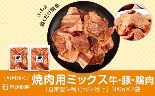C79001 <定期便・全6回>焼肉用肉ミックス自家製味噌ダレ味付き(計3.6kg・300g×2×6回) 毎月お届け! 鹿児島 国産 鹿児島県産 牛肉 鶏肉 豚肉 お肉 味噌ダレ たれ漬け まぜまぜ 味付け 味噌 みそ