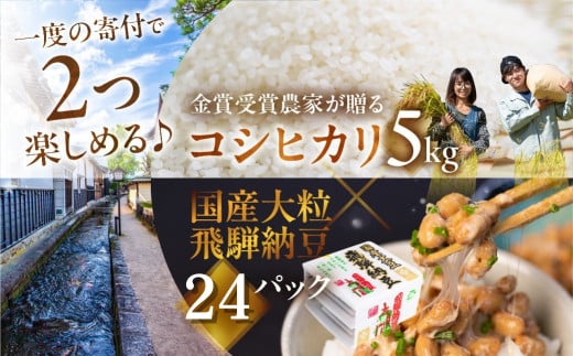 《先行予約》11月中旬発送 金賞受賞農家が贈る コシヒカリ5kg ×飛騨納豆 大粒 国産大豆 24パック 令和7年産 2025年産 コシヒカリ 新米 白米 米 みつわ農園 5kg お米  こめ コメ 橋本商店 なっと