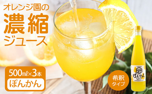 オレンジ園の濃縮ジュース ぽんかん 500ml 3本 希釈用 みかんジュース チューハイ用 ドリンク ジュース 柑橘類 蜜柑 みかん【R01117】高知県土佐清水市13000お茶・飲料果汁・野菜飲料