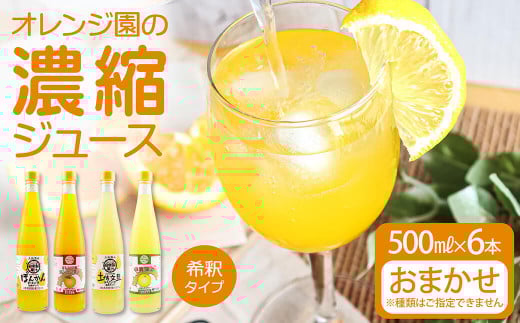 オレンジ園の濃縮ジュース 500ml おまかせ6本入り 希釈用 みかんジュース チューハイ用 ドリンク ジュース 柑橘類 蜜柑 みかん【R01122】高知県土佐清水市25500お茶・飲料果汁・野菜飲料