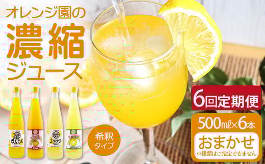 オレンジ園の濃縮ジュース 500ml おまかせ6本入り 6回定期便 希釈用 みかんジュース チューハイ用 ドリンク ジュース 柑橘類 蜜柑 みかん【J00117】高知県土佐清水市150000お茶・飲料果汁・野菜