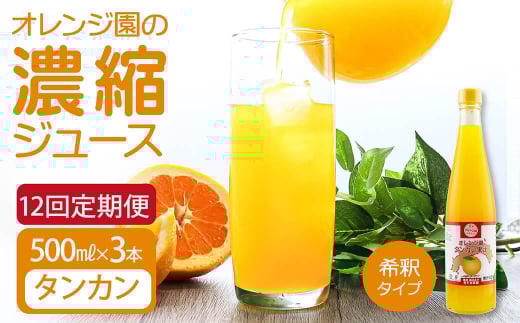オレンジ園の濃縮ジュース タンカン 500ml 3本 12回定期便 希釈用 みかんジュース チューハイ用 ドリンク ジュース 柑橘類 蜜柑 みかん【J00119】高知県土佐清水市153000お茶・飲料果汁・野菜飲