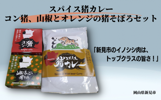 岡山県新見市産 イノシシ肉使用 スパイス猪カレー(レトルト)・コン猪(コンビーフ風缶詰)・山椒とオレンジの猪そぼろ セット 猪肉 ジビエ岡山県新見市12000鍋セット・総菜・加工食品総菜