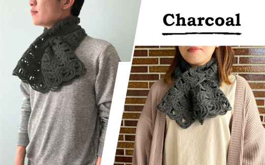 差し込み ショートマフラー ループ柄 ( チャコール ) ウール & アルパカ コード刺繍 レディース 日本製 | おしゃれ シンプル マフラー プレゼントギフト 母の日 新潟県 五泉市 有限会社田中