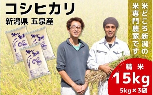 令和7年産 新米 米 15kg(5kg×3袋)五泉産 コシヒカリ | 白米 精米 こしひかり お米 おこめ コメ こめ 新潟県 五泉市 わくわく農場新潟県五泉市50000米・パン白米