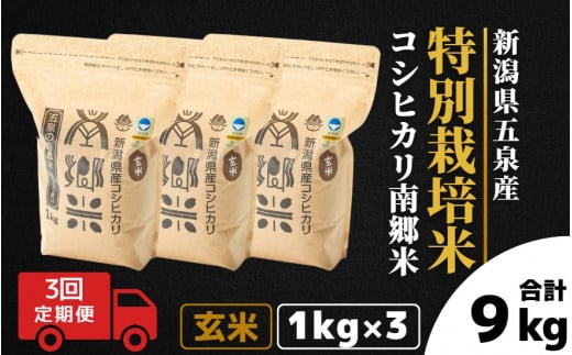 令和7年産 新米 【 定期便 3ヶ月 】 玄米 3kg ( 1kg × 3袋 ) × 3回 五泉産 コシヒカリ 南郷米 特別栽培米 | げんまい こしひかり お米 おこめ コメ こめ 新潟県 五泉市 ファームみなみの郷新潟県五