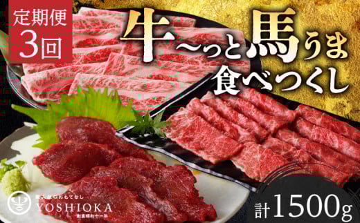 【定期便3回】よしおか総本店牛〜っと馬まうま食べつくし定期便_定期便 3回 毎月お届け 肩ロース 国産 馬刺し ロース ヒレ 肩スライス うす切り ロース タレ付き 赤身 船小屋牛 牛肉 馬肉