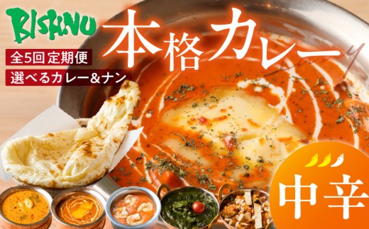 【中辛】【定期便5回】ビスヌ 本格カレー シェフのおすすめ定期便(毎月お届け)_定期便 5回 ビスヌ カレー チキン バターチキン 海老 豆 野菜 ほうれん草チキン ナン プレーン チーズ ガ