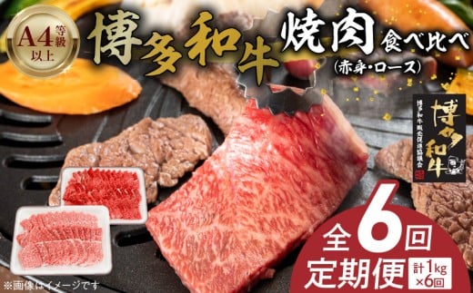 博多和牛赤身・ロース焼肉食べ比べ 計1kg 6回定期便 _Tk054福岡県久留米市168000肉牛肉