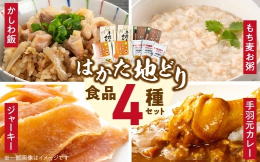 はかた地どりの4種セット(JERKY OF HAKATAJIDORI、はかた地どりともち麦のお粥、手羽元カレー、かしわ飯の素) _ はかた地どり 常温 セット JERKY OF HAKATAJIDORI 20g×3 はかた地どりともち麦のお粥 20