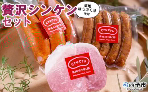 <奥地ほうぼく豚を使った贅沢シンケンセット>豚肉 ぶた お肉 加工品 おつまみ おかず ハム スライス ペッパーウインナー フランクフルト 詰合せ BBQ アウトドア キャンプ サラダ 愛媛県