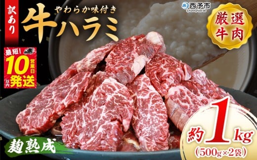 <麹熟成で旨み引き立つ!やわらか味付き 牛ハラミ 約1kg(500g×2)> 訳あり はらみ ハラミ 赤身 大容量 牛肉 お肉 焼肉 BBQ 味付き 麹 コスパ 塩味 レシピ 丼 献立 惣菜 おかず 簡単 グルメ 株