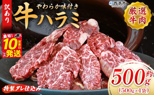 <秘伝の特製タレ仕込み!やわらか味付き 牛ハラミ 約500g(500g×1)> 訳あり はらみ ハラミ 赤身 大容量 牛肉 お肉 焼肉 BBQ 味付き タレ漬け 甘辛 レシピ 丼 献立 惣菜 おかず 簡単 グルメ 株
