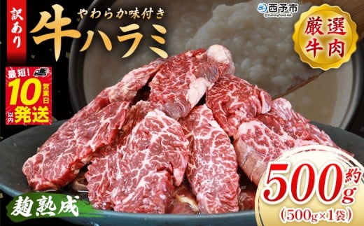 <麹熟成で旨み引き立つ!やわらか味付き 牛ハラミ 約500g(500g×1)> 訳あり はらみ ハラミ 赤身 大容量 牛肉 お肉 焼肉 BBQ 味付き 麹 コスパ 塩味 レシピ 丼 献立 惣菜 おかず 簡単 グルメ
