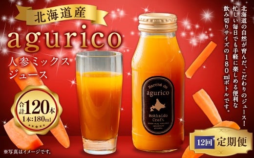 【12回定期便】北海道産 agurico 人参ミックスジュース 180ml 10本入り 計10本×12回 | 飲料 野菜 ジュース にんじん ミックス北海道浦臼町100000お茶・飲料果汁・野菜飲料