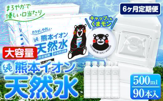 【6ヶ月定期便】水 500ml 家計応援 くまモン の ミネラルウォーター 天然水 熊本イオン純天然水 ラベルレス 90本 500ml 《申込み翌月から発送》 飲料水 定期 備蓄 備蓄用 箱 ペットボトル 防災