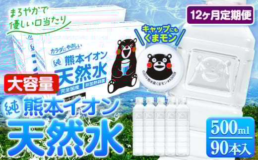 【12ヶ月定期便】水 500ml 家計応援 くまモン の ミネラルウォーター 天然水 熊本イオン純天然水 ラベルレス 90本 500ml 《申込み翌月から発送》 飲料水 定期 備蓄 備蓄用 箱 ペットボトル 防災