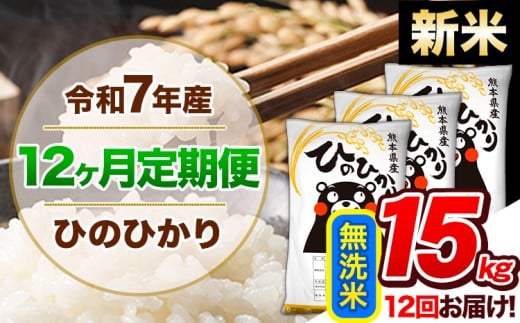 【12ヶ月定期便】新米 令和7年産 定期便 無洗米 ひのひかり 15kg 《11月から出荷開始》令和7年産 熊本県産 ふるさと納税 精米 ひの 米 こめ ふるさとのうぜい ヒノヒカリ コメ 熊本米熊本県玉