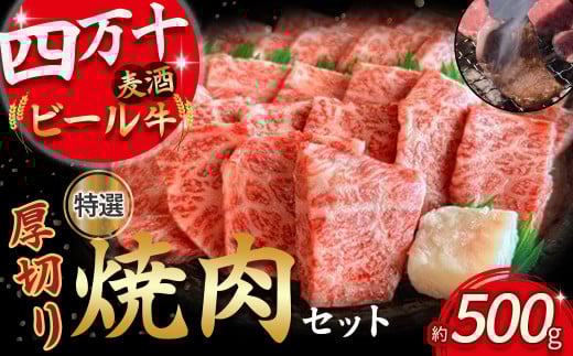 四万十麦酒牛 厚切り特選焼き肉セット(500g) Asz-07 モモ ウデ バラ肉 肩ロース 詰め合わせ 霜降り 赤身 麦酒牛 ビール牛 冷凍高知県四万十町20000肉牛肉