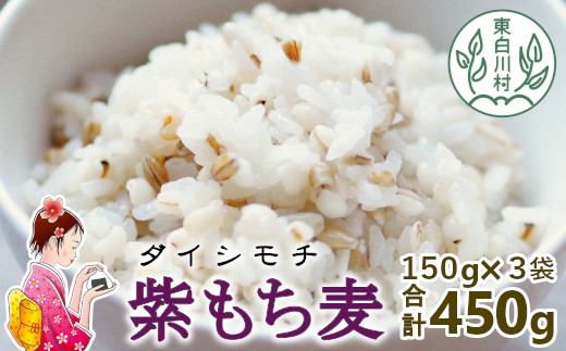 【令和7年度産】 東白川村産 紫もち麦 ダイシモチ 150g×3袋 計450g もち麦 麦 大麦 雑穀 お米 こめ 精米 ご飯 食物繊維 お取り寄せ 3000円岐阜県東白川村3000米・パン玄米・雑穀米・もち米・餅