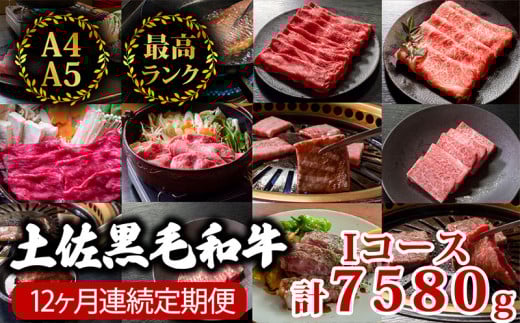 【12回定期便】土佐黒毛和牛 食べ比べ 7580g (計7.5kg以上) | Iコース 厳選 国産 和牛 すき焼き しゃぶしゃぶ ステーキ 焼き肉 お肉 にく 霜降り 牛肉 ウデ肉 うで肉 モモ肉 もも肉 サーロイン リ