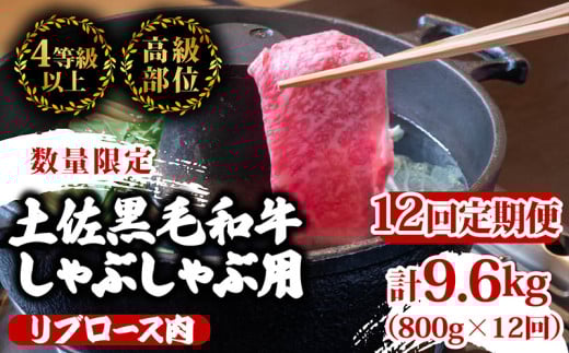 【定期便12回】土佐 黒毛 和牛  しゃぶしゃぶ用 計9.6kg(800g×12ヶ月連続お届け)4Dコース| 特撰 リブロース肉 最上位等級 A4 A5 最高ランク 贅沢 しゃぶしゃぶ 鍋 スライス 焼肉用 小分け 冷凍 国