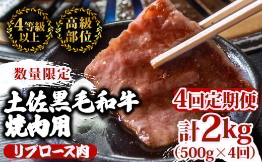 【定期便4回】土佐 黒毛 和牛 焼肉用 計2kg(500g×4ヶ月連続お届け) 4Nコース | 特撰 リブロース ロース 最上位等級 A4 A5 最高ランク 贅沢 焼き肉 やきにく 小分け 冷凍 国産 ブランド 和牛 牛肉