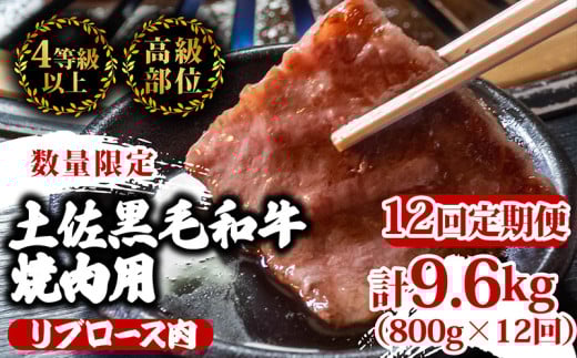 【定期便12回】土佐 黒毛 和牛 焼肉用 計9.6kg(800g×12ヶ月連続お届け) 4Tコース | 特撰 リブロース ロース 最上位等級 A4 A5 最高ランク 贅沢 焼き肉 やきにく 小分け 冷凍 国産 ブランド 和牛 牛