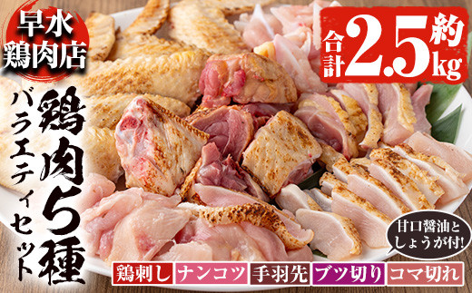y115 <2025年12月発送分(12月31日迄に発送)>鹿児島県産!自家製鶏の5種バラエティセット(約2.5kg) 国産 九州産 鳥刺し 鶏刺し 鳥さし 鶏さし とりさし 鶏肉 とり肉 手羽先 細切れ ナンコツ とり