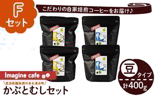 y406-F 《Fセット》Imagine cafe 有機コーヒーかぶと虫セット(豆タイプ・ジョン100g×2袋、ポール100g×2袋) 珈琲 coffee コーヒー豆 珈琲豆 有機 自家焙煎 モカ ブラジル コロンビア グアテマラ ペルー