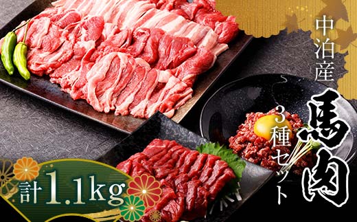 馬肉 焼肉用 約600g&馬刺し 約400g&馬肉ユッケ 約100g セットA 合計1.1kg (タレ付き)中泊町産  【肉や】 ユッケ 馬 新鮮 国産 やきにく 刺身 肉 馬刺し 3種セット F6N-082青森県中泊町35000肉ジビ