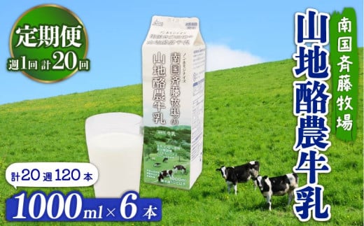 【定期便】山地酪農牛乳 1L×6本【週1回配送/20回】| バターができる 低温殺菌 生乳100%使用 成分無調整牛乳 定期便 頒布会 ぎゅうにゅう 牛乳 ミルク 人気 こだわり おすすめ 高知県 南国市
