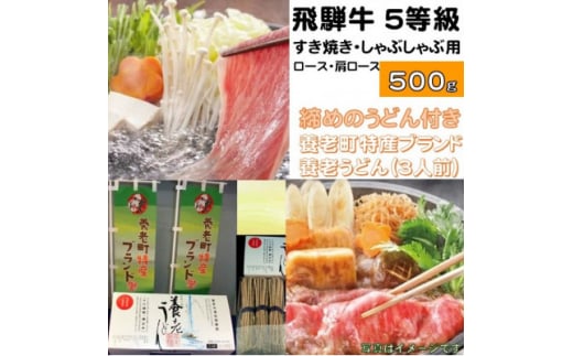 飛騨牛 5等級 すき焼き・しゃぶしゃぶ用 500g(ロース・肩ロース)養老うどん付(3人前)【1380167】岐阜県養老町23000肉牛肉