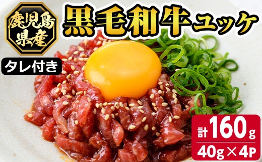 s141 鹿児島県産黒毛和牛ユッケ(計160g・40g×4パック)タレ付き! 鹿児島 国産牛 九州産 牛肉 黒牛 生食用 小分け 冷凍 ユッケ 黒毛和牛 牛 【カミチク】鹿児島県さつま町9000肉牛肉