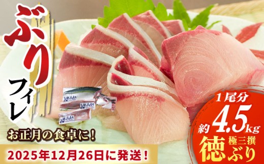 【数量限定】【年末配送!12/27・12/28どちらかにお届け】【時間指定必須】 ぶり フィレ  徳ぶり極三撰(4.5kg程度1尾分)ぶり 鰤 ブリ ぶりしゃぶ フィレ 刺身 鮮魚 海鮮 海産物 魚 五島 五島