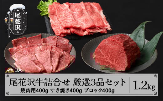 尾花沢牛 詰め合わせ 厳選3品セット 焼肉用カタ・バラ400g モモブロック400g すき焼き用ロース400g 計1.2kg ja-oggss1200山形県尾花沢市39000肉牛肉