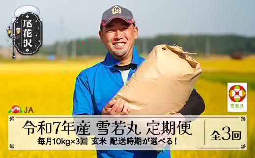 新米 米 毎月定期便 10kg×3回  雪若丸 玄米 令和7年産 2025年産 山形県尾花沢市産  2月下旬発送開始 ja-ywgxa10_tm-2s山形県尾花沢市76000米・パン白米