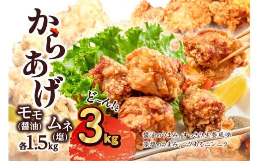 鶏 からあげ 3kg (500g×6袋) 2種 モモ(醤油)/ムネ(塩) 肉専門店 国産 から揚げ 塩味 醤油味 セット 食べ比べ 唐揚げ 鶏肉 鶏もも 鶏むね 小分け パック 簡単調理 冷凍 味付き おつまみ おかず ジュ