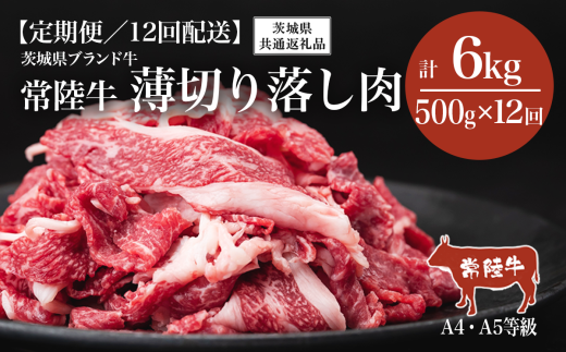 【12ヶ月定期便】常陸牛 A4・A5規格 薄切り落し肉 500g 【茨城県共通返礼品】【 牛肉 常陸牛 肉 ブランド肉 和牛 切り落とし 薄切り すきしゃぶ しゃぶしゃぶ 牛丼 煮物 茨城県産 国産 地産地