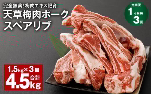 【1ヶ月毎3回定期便】完全無薬!梅肉エキス肥育 天草梅肉ポーク スペアリブ 計約4.5kg(1.5kg×3回) 豚肉 お肉熊本県上天草市70000肉豚肉